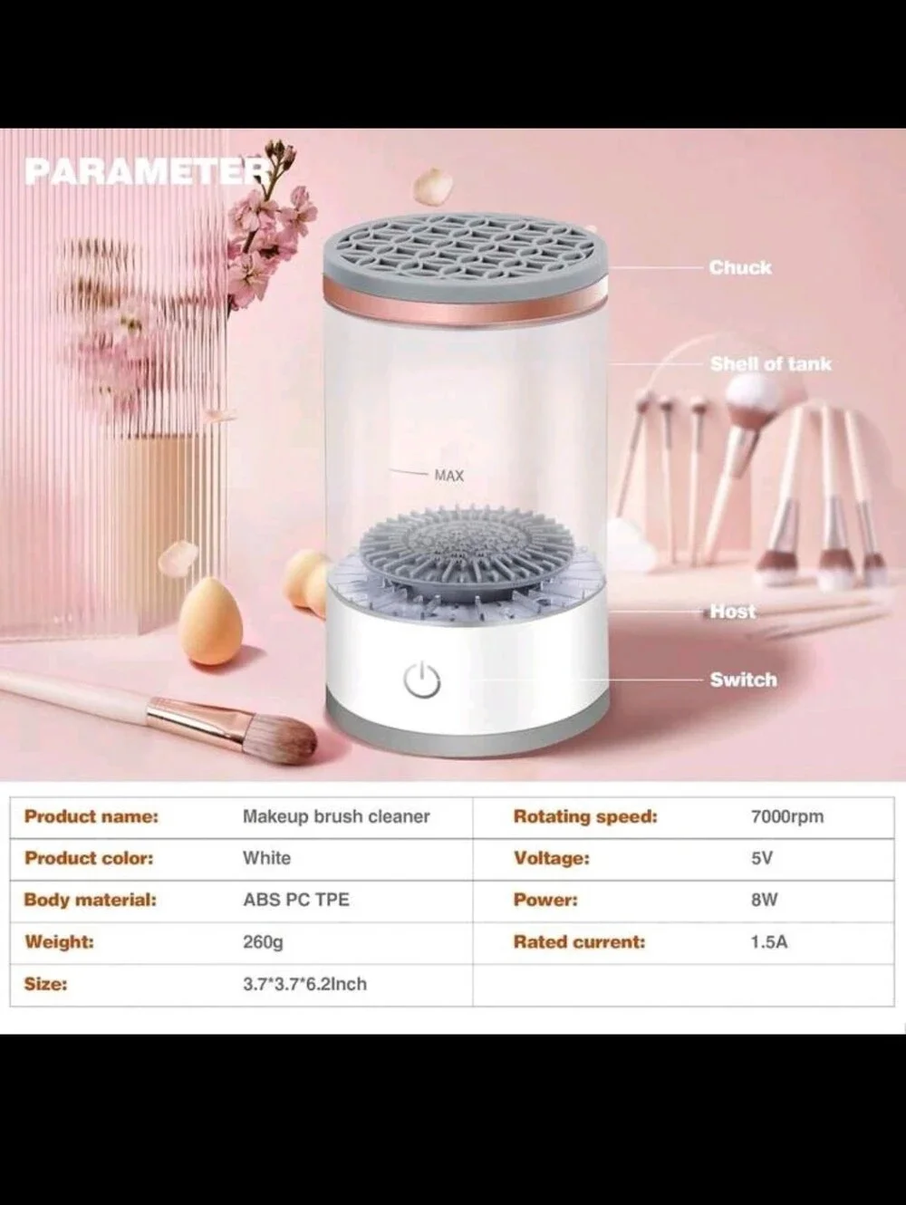 Portable Electric Makeup Brush Cleaner - White with Rose Gold Trim